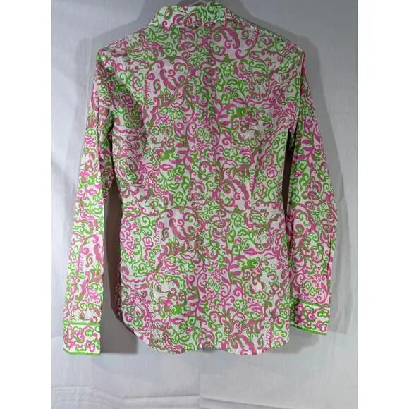 Lilly Pulitzer Sea View Button Down linen Shirt size L pink and green paisley - Picture 2 of 3